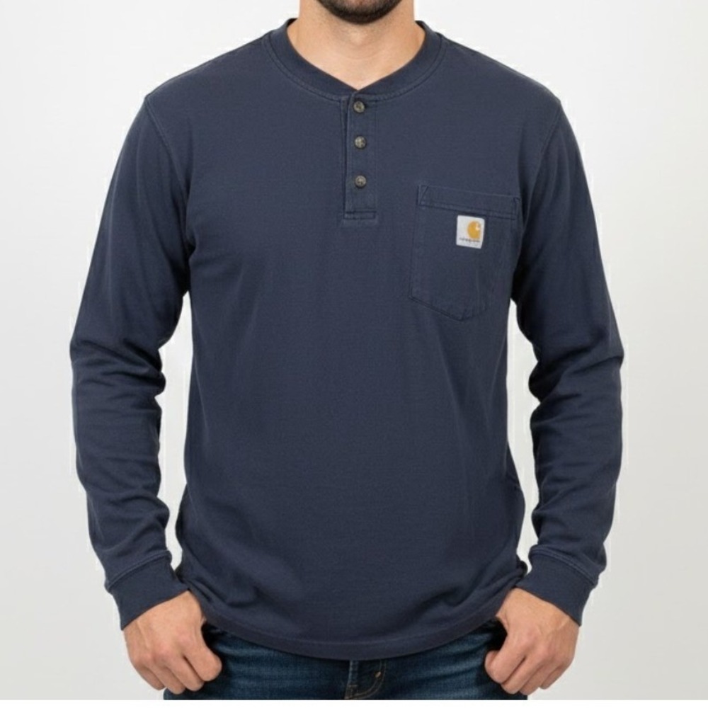 Carhartt Men Faded Navy Blue Long Sleeve Henley‎ Pocket T Shirt Size Medium